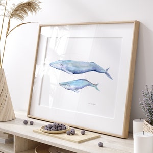 Blue whale art Mother and baby nursery whale print beach house decor whale watercolor painting blue whales decoration birth gift baby whale