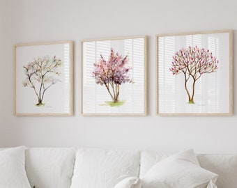 Spring art Blossom Trees Watercolor Painting set of 3 Prints pink white Wall Decor magnolia cherry tree decoration minimalistic painting