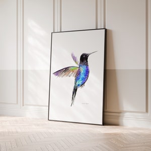 Impressão de arte de beija-flor azul e preto, pintura em aquarela de beija-flor metálico, decoração de beija-flor azul-petróleo, arte minimalista de pássaro em aquarela