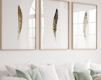 Pheasant Feather Watercolor Art Print Set, Boho Wall Decor