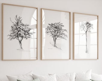 Tree wall art set of 3 different tree pencil drawing prints gray white black living room decoration pine tree sketch zen drawings of trees