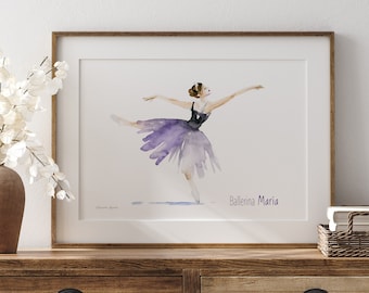 Personalized Ballerina Art Print, Watercolor Ballet Dancer Nursery Decor