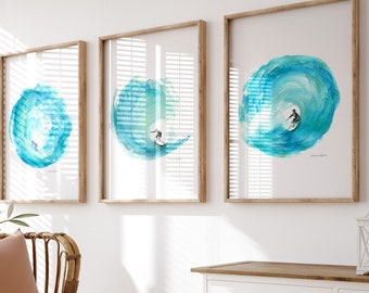 Surf wall Art aqua teal beach house decor set of 3 wave watercolor paintings Surfer coastal decoration fine art or canvas prints ocean art