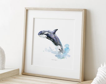 Orca Whale Watercolor Art Print, Beach House Decor