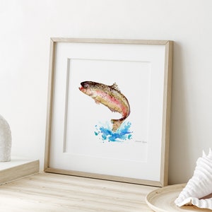 Springende forel print vis schilderij regenboogforel muurprint vis aquarel illustratie forel tekening Michelle Dujardin cadeau voor vissers