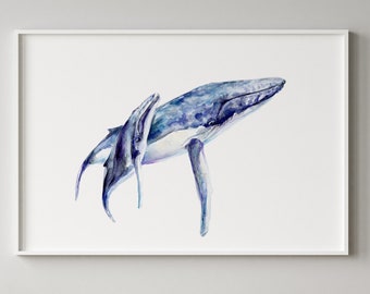 Humpback whale art mother and baby whale watercolor painting whale nursery decoration baby room babyroom wall art whale family decor blue