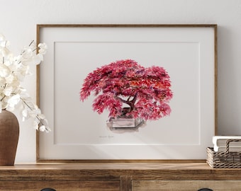 Japanese red maple Watercolor Painting Japanese garden print warm Red pink Wall art Zen garden wall decoration living room tree plant print