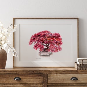 Japanese red maple Watercolor Painting Japanese garden print warm Red pink Wall art Zen garden wall decoration living room tree plant print