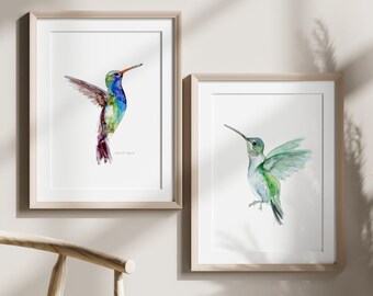 Hummingbird art, blue green hummingbird Watercolor Painting, Set of 2 giclee Prints, hummingbird illustration, hummingbird wall art, canvas