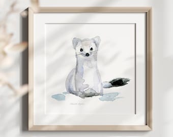 アーミンの水彩画アートプリント、冬の動物保育園アート - Etsy 日本