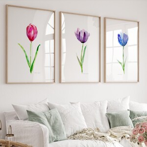 Tulip art prints Set of 3 tulip Watercolor Paintings tulip flowers pink purple blue tulip decoration flower prints purple tulips home decor