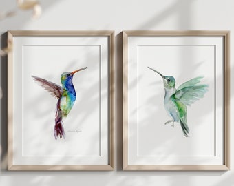 Hummingbird art, blue green hummingbird Watercolor Painting, Set of 2 giclee Prints, hummingbird illustration, hummingbird wall art, canvas