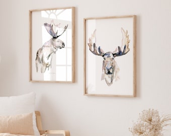 Moose wall art, moose paintings, set of 2 prints, moose watercolor, moose art, moose canvas print, interior design, zen watercolor