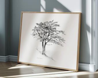Tree art tree drawing Print tree on a hill pencil tree sketch grey wall art tree decoration nature wall print tree poster Michelle Dujardin