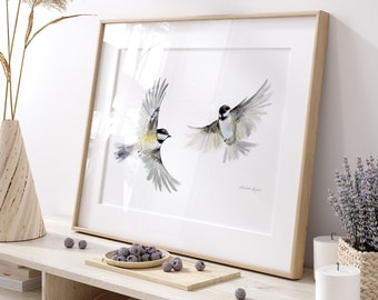 Chickadees Love birds wall art fine art print wedding gift chickadee painting gray decor bird watercolor love couple decoration