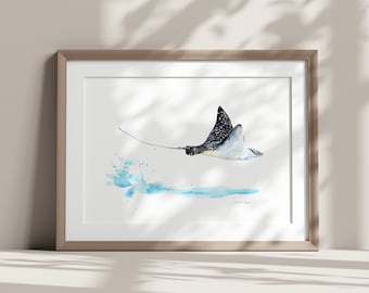Eagle ray art, ray fish watercolor painting, flying ray fish, ocean animal print, zen art, beach house decor, sea animal art, Dujardin