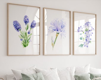Conjunto de 3 gravuras florais em aquarela – Arte botânica para parede em tons de lilás e roxo (Lilás, Íris)