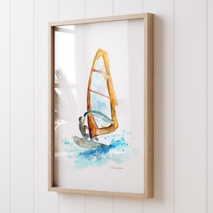 Windsurf art  wind surf painting Surfing print surfboard painting Surf Art Ocean painting orange blue beachhouse wall art surf decoration