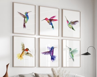 Hummingbird Art Prints Set of 6 birds Bright Colored Hummingbirds Watercolor Paintings Flying Hummingbird decoration hummingbird paintings