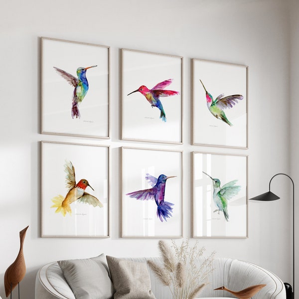 Ensemble de 6 impressions d'art mural colibri aux couleurs vives, colibris volants, art mural colibri oiseau tropical