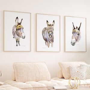 Donkey Art Print set of 3 Donkey Watercolor paintings Donkey decoration farm animal posters donkey decor prints farm house interior wall art