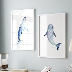 Cucciolo di animale Stampe d'arte delfino acquerello decorazione della balena del bambino pittura delfino set di 2 stampe per vivaio oceano stanza del bambino blu grigio parete