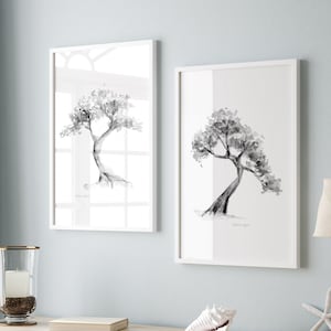 Bonsai Tree art prints set of 2 Watercolor and ink Paintings Zen art black and white Wall decor Japanese paintings Grey tree decoration