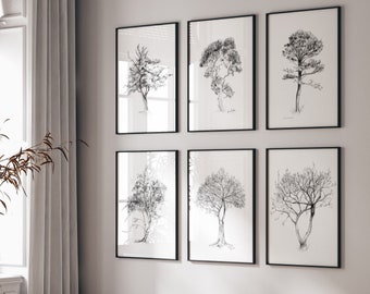 tree art, set of 6 prints, eucalyptus, birch tree, fichus tree, pine tree drawing, magnolia tree , grey wall art, tree decor, nature prints