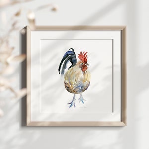 Impresión artística de acuarela de gallo - Decoración de cocina de estilo rústico