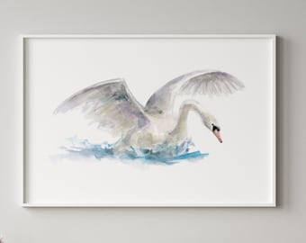Swan Art Print flying swan watercolor painting swimming swan decoration white interior landing swan water bird minimalistic art swan canvas