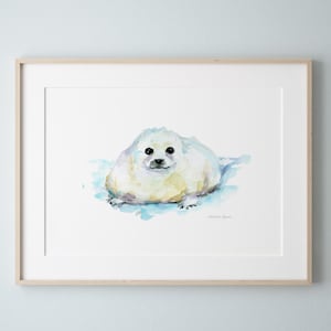 Zeehond Kunst Print Wit zeehondje aquarel schilderij huiler baby zeehond decoratie voor kinderkamer poster babykamer muurkunst zeehond print