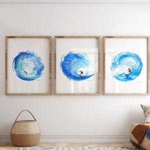Surf Art Set of 3 Surfers Wall art Prints Beach house decor Blue wave watercolor paintings Surf decoration ocean poster Coastal Living Room