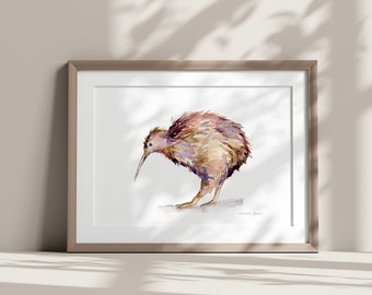 Kiwi bird Art Kiwi Print New Zealand Home Decor Pink Brown wall art Kiwi Nursery painting Kiwi watercolour Aotearoa Art kiwi iIllustration