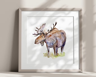 Moose Art, Moose Watercolour, animal painting, Fine art print,  Moose illustration,  large poster, wild animal, nursery Animal, purple brown