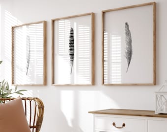Feder Wand Kunst Drucke, Schwarz und Weiß Aquarell 3er Set