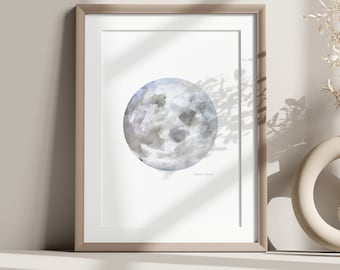 Pintura de acuarela de luna llena, impresión giclée de arte celestial