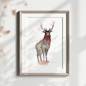 Deer art deer watercolor painting minimalistic print teal brown wall art Zen painting forest animal decor cabin decoration living room decor