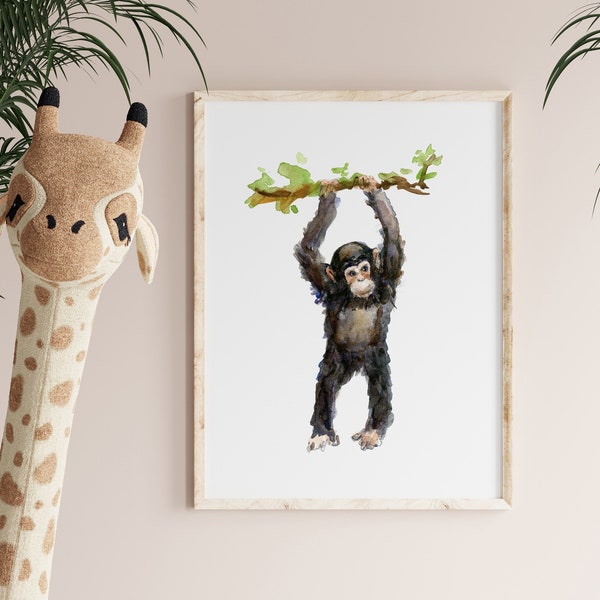 Chimpansee print, aquarel schilderij van een baby chimpansee, chimp poster, kinderkamer kunst, slingerende aap, babykamer kunst, Afrika