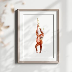 Swinging Orangutan art print orangutan watercolor painting playing monkey nursery print jungle nursery orangutan decoration orange brown