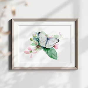 Cabbage white butterfly art Boho butterfly wall print blackberry flower pink green pastel decor cottagecore decoration fine art print canvas