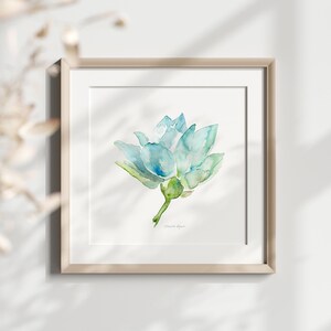 Stampa artistica acquerello di fiori di loto verde acqua, decorazione murale floreale blu-verde