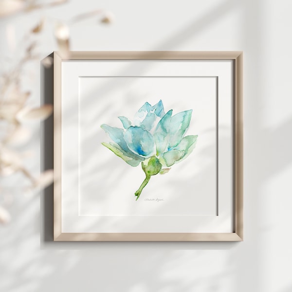 Stampa artistica acquerello di fiori di loto verde acqua, decorazione murale floreale blu-verde