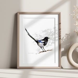 Ekster schilderij giclee print ekster aquarel schilderij zen kunst ekster illustratie vogel kunst zwart blauw wit Indische inkt schilderij