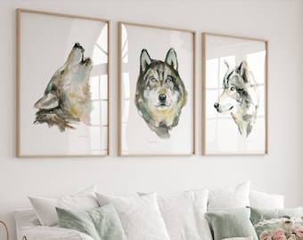 Wolf Watercolor Art Prints Set, Minimalist Wolf Portrait