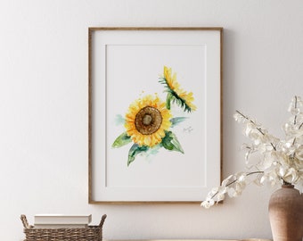 Sunflower Watercolor Painting Art Print, Yellow Floral Home Decor
