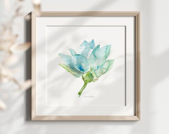 Lotus Art Aqua blue Lotus Flower Watercolor Painting Wall Art Print Blue Green Decor teal Flower Wall art Yoga decoration gift for meditator