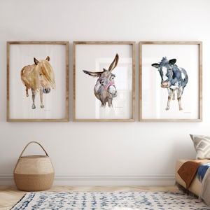 Cow Art donkey Art Pony watercolor painting giclee prints set of 3 animal paintings Farm art Farm animals