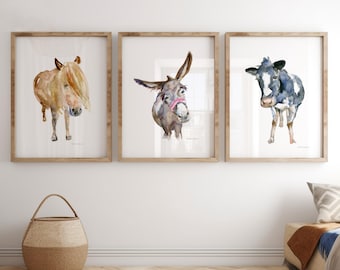 Vache, âne, poney, aquarelle, impression jet d'encre, lot de 3 peintures animalières, art de la ferme, animaux de la ferme