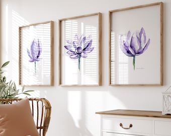 Floral decor Purple Lotus Art Flower Watercolor paintings decorative flower prints set of 3 purple lilac wall art living room decoration