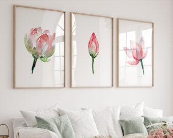 Pink Lotus Flower Watercolor Art Prints, Set of 3, Floral Decor